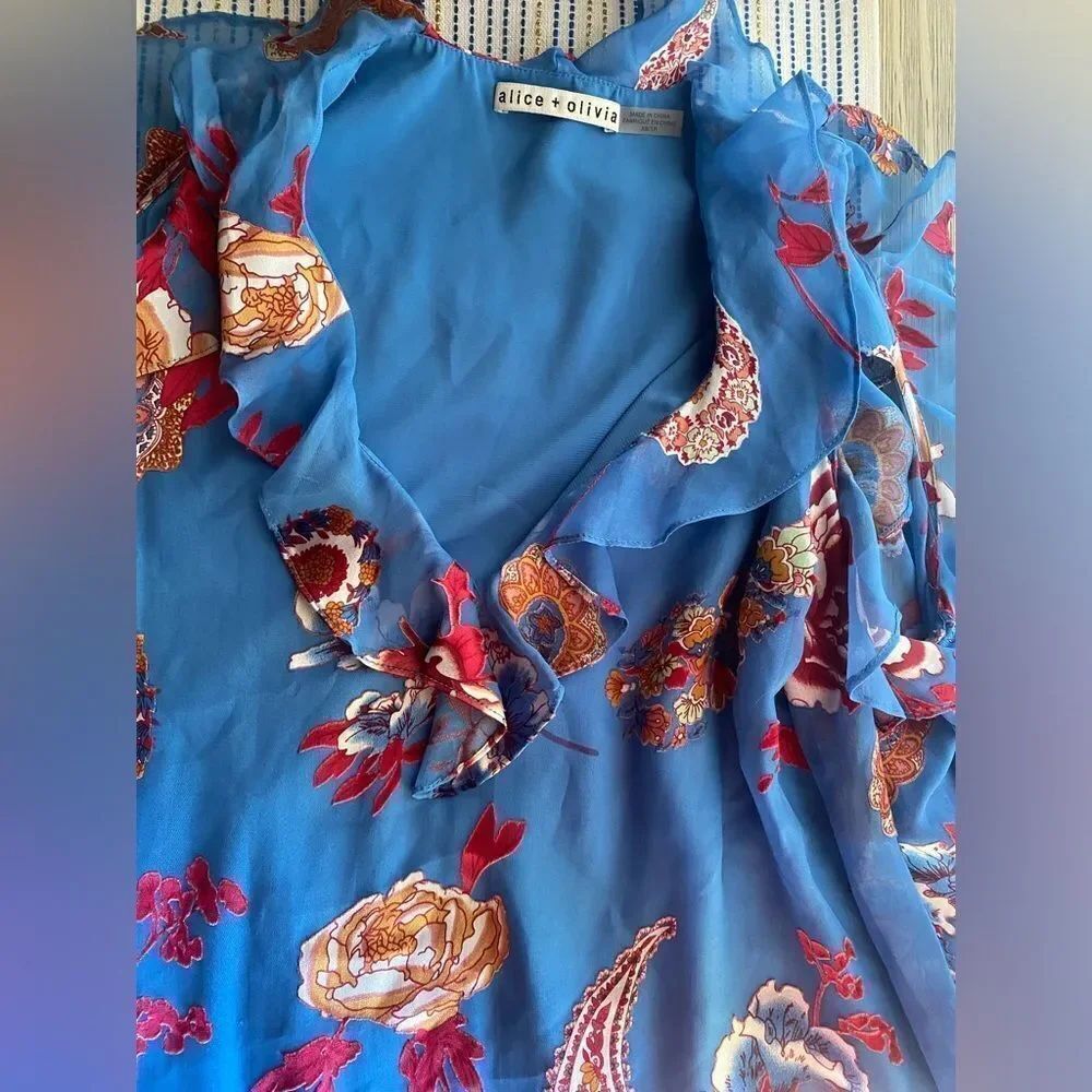 Alice + Olivia Mini Dress Sz XS Blue And Red Floral Cold Shoulder Long Sleeves - Picture 11 of 12